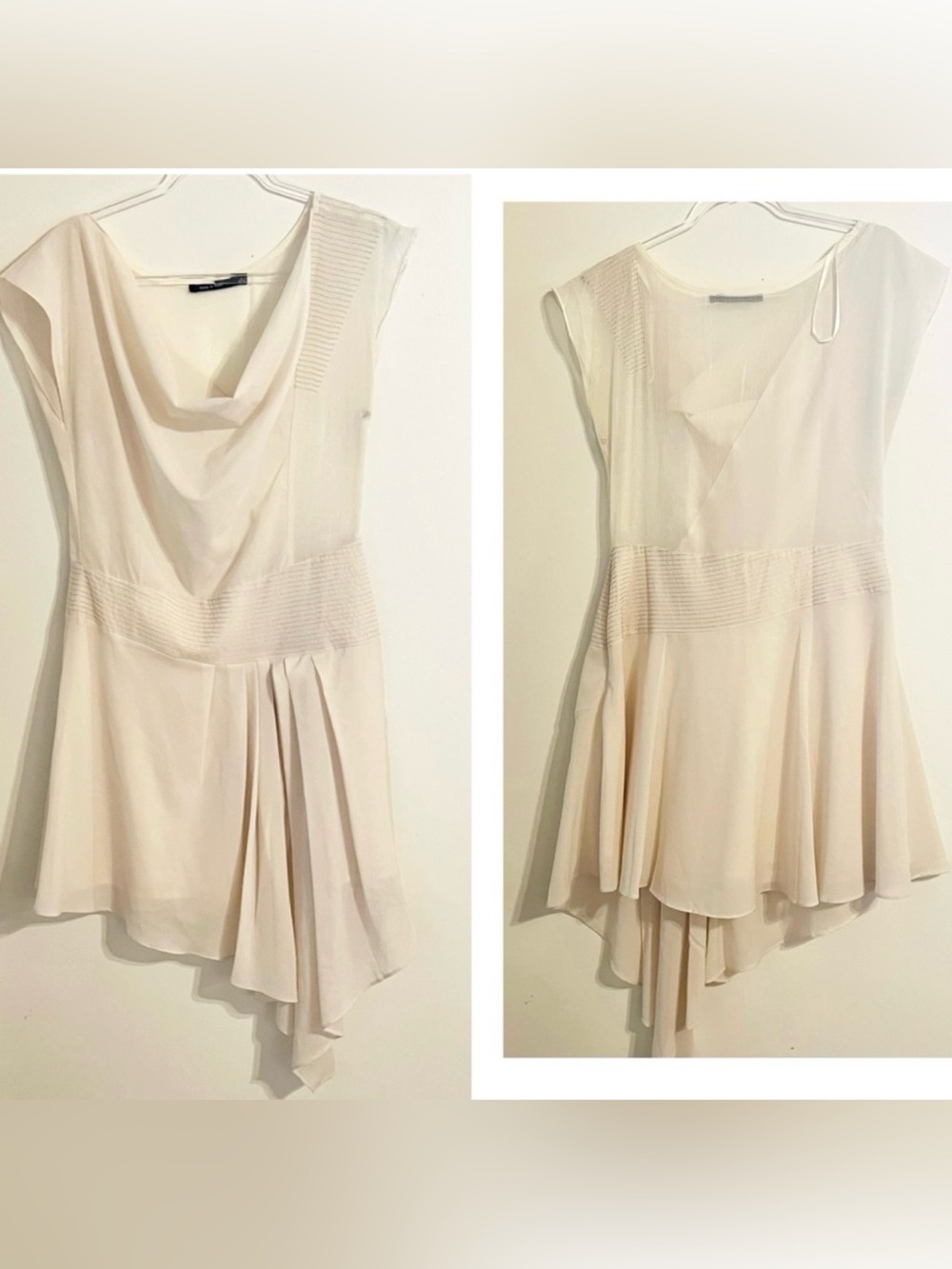 Doe & Rae Asymmetrical Beige Dress Cowl Neck Ruched Side Zipper Flowy Party